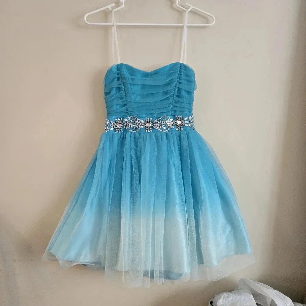 B.Smart Aqua Teal Beaded Ombre Cocktail Party Dress size 3/4 #022
